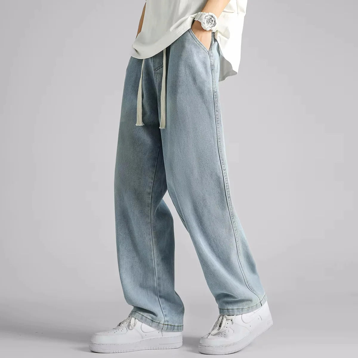 Streetwear Men's Clothing Jeans Loose Straight Casual Fashion Baggy Denim Trousers Solid Color New Korean Drawstring Men Pants voguable