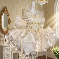 Voguable  Original High Quality Champagne Short Princess Dress Elegant Diamonds Bow Lolita Puffy Dress Off Shoulder Slash Neck Party Dress voguable