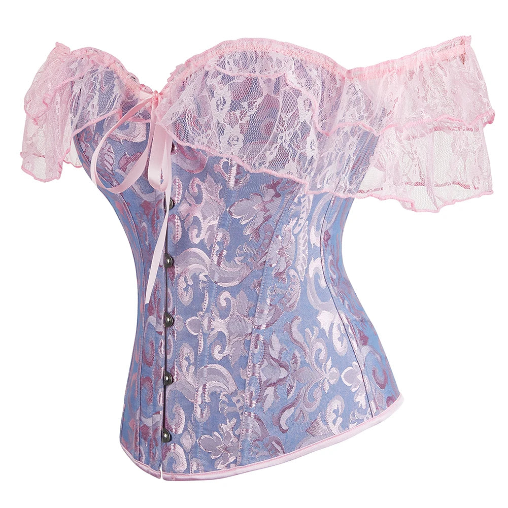 Voguable Womens Bustier Overbust Corselet Lace Up Short Sleeve Sheer Corset Bluse Costume Crop Top voguable