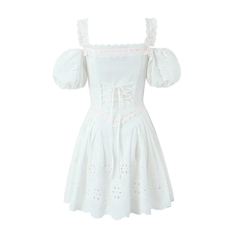 Voguable 3 Ways Wear White Embroidery Dress Short Puff Sleeve Mini Birthday Party Dresses Women Lacing Up Holiday Vacation Dress voguable