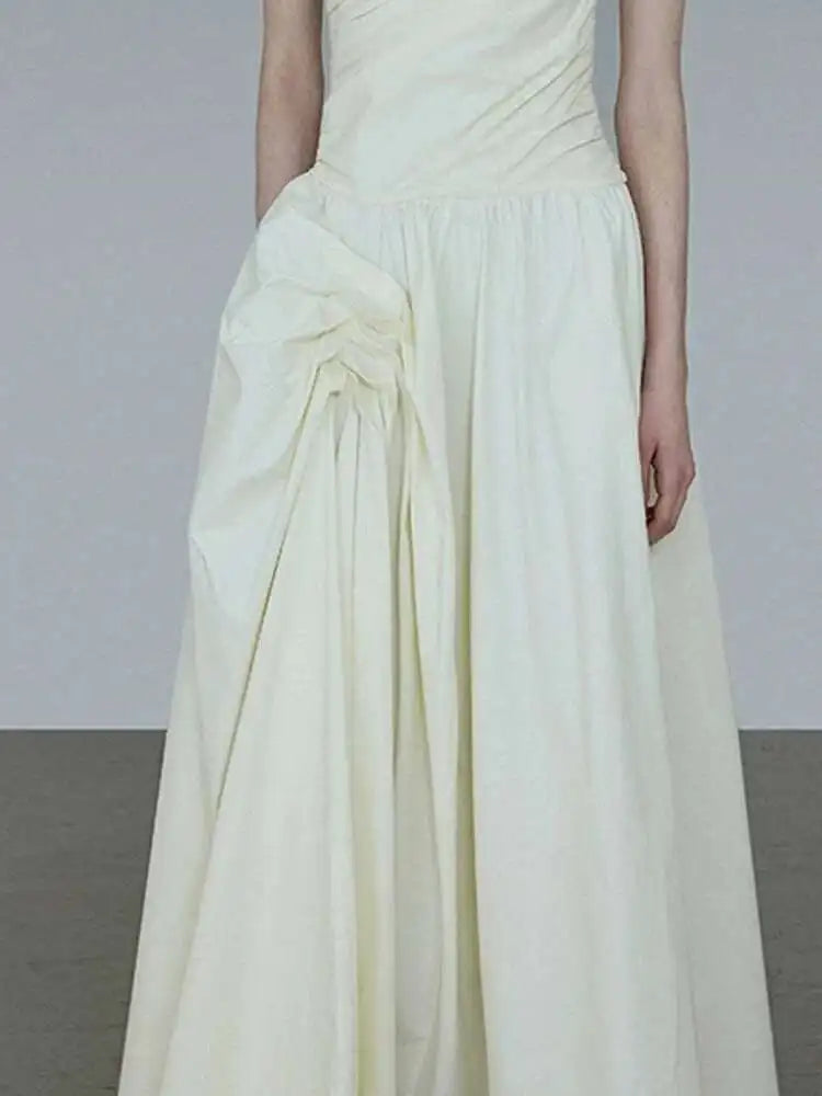 Solid Fold Design Long Dresses For Women High Waist Round Neck Sleeveless Elegant Dress Female Autumn 2025 New voguable