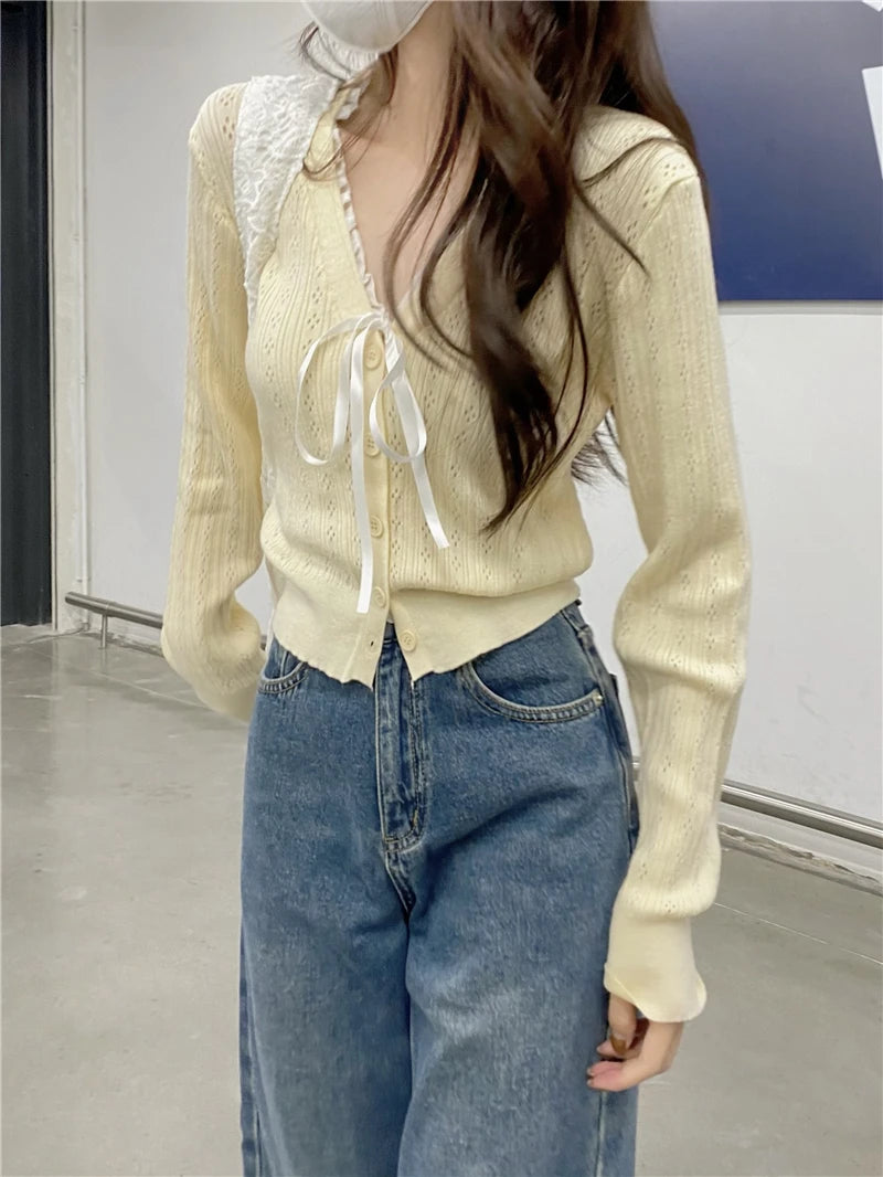 Women's Pointelle Knit Cardigan with Bow Long Sleeve Button Front Sweater Openwork Cardi Teen-girl Fairycore Balletcore Outfit voguable