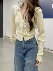 Women's Pointelle Knit Cardigan with Bow Long Sleeve Button Front Sweater Openwork Cardi Teen-girl Fairycore Balletcore Outfit voguable