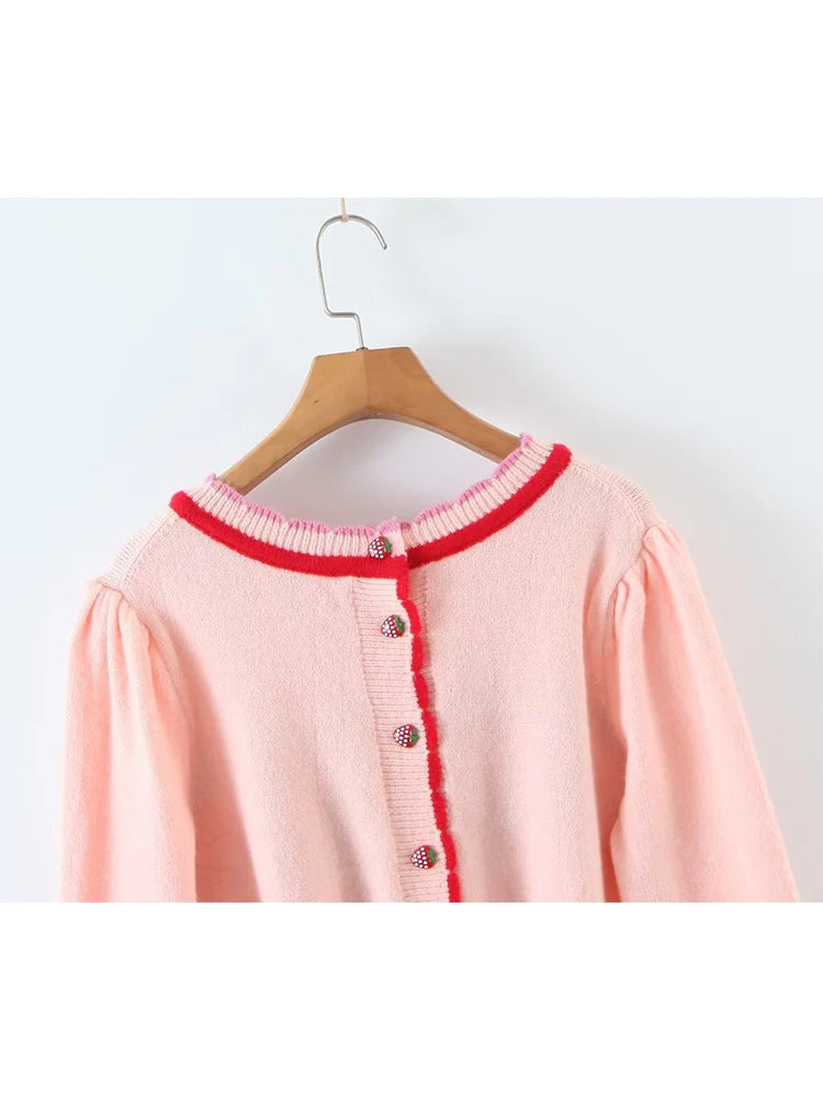 Voguable  New Fashion Women Sweet Pink Strawberry Cherry Thin Knit Sweater O Neck Long Sleeve Female Crop Pullover Autumn Tops voguable