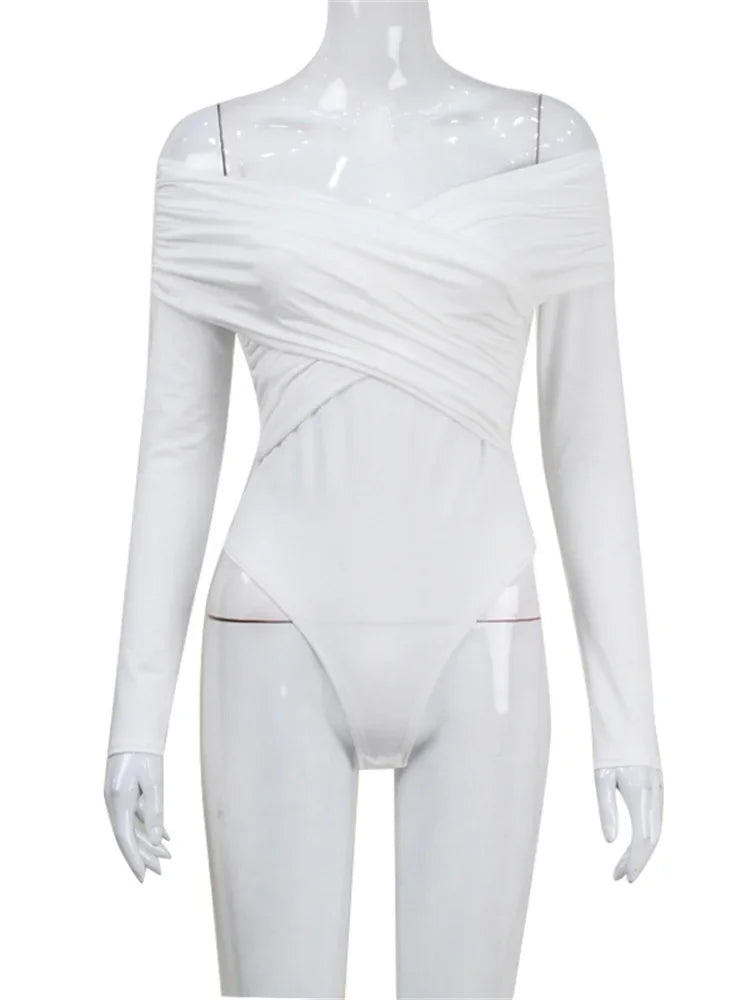 White See-Through Patchwork Jumpsuit For Women Pleated Slim Sexy High Waist Long Sleeve Off-Shoulder Rompers Streetwear voguable