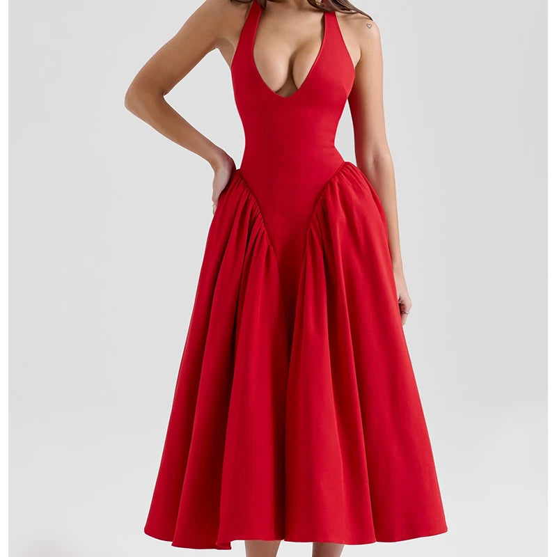 Red Elegant Slim Evening Party Dresses For Women Sexy Backless Low Waist  A-line Midi Long Halter Dress Cotton Robe voguable