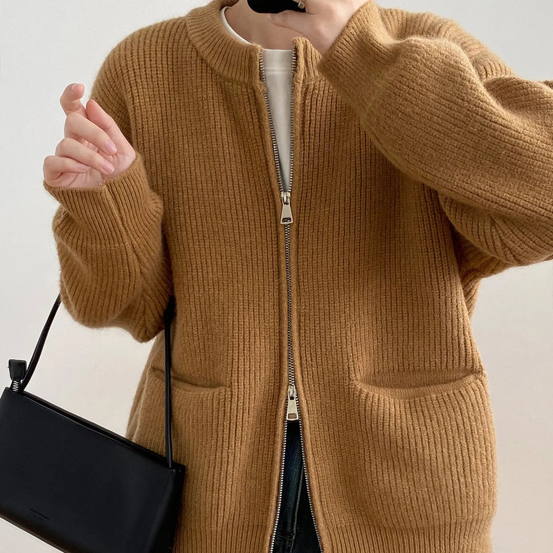 Sweater Cardigan Women Autumn Double Zipper Casual Korean Knitwear Coat Solid Color Loose Soft Long Sleeve Jackets Outerwear voguable