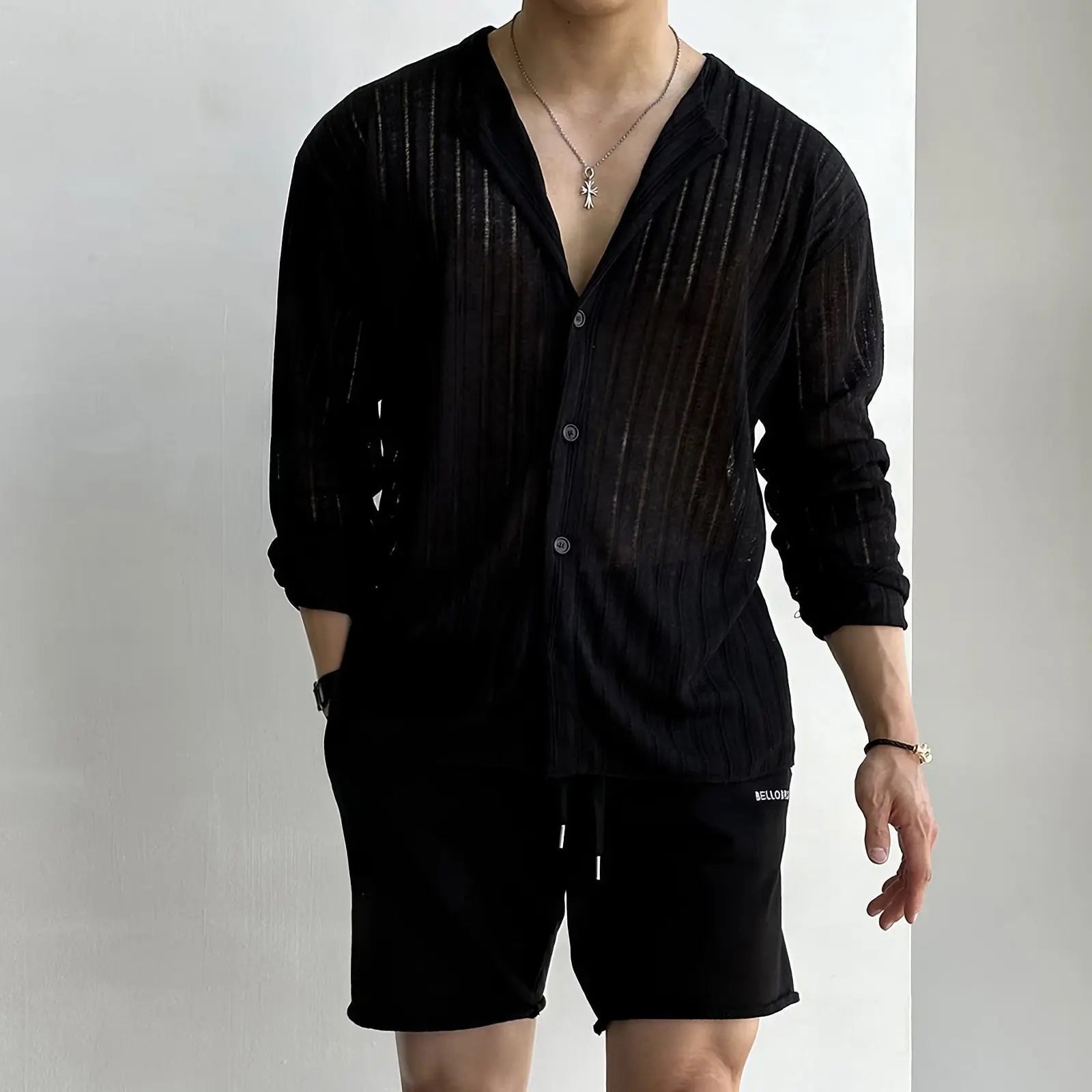 Autumn Hollow Design Knitted Cardigan Men T-shirt Korean Long Sleeve High-end Round Collar Button Holiday Hawaiian Shirt voguable