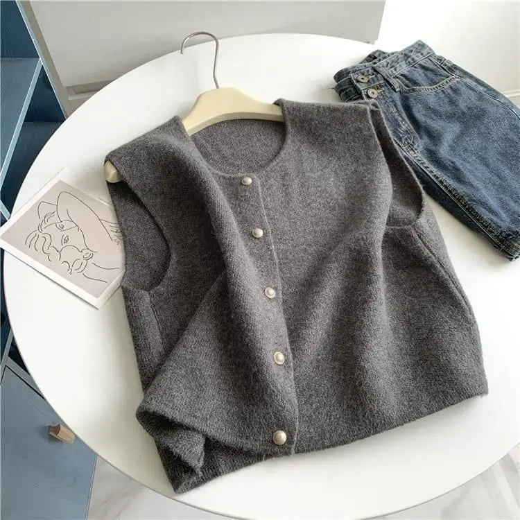 Crew Neck Women's Korean Solid Button Short Sleeve Cardigan Coats Sweater Knitted Sleeveless Ladies Elegant Tanks Bottoming voguable