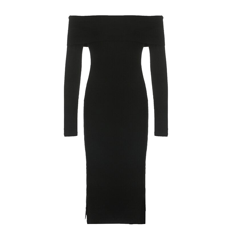 Black Knitted Off-Shoulder Long Dress mysite