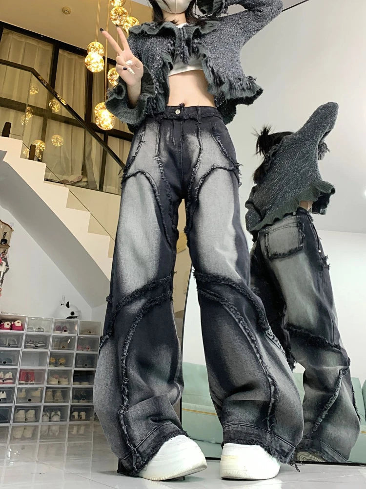 Y2k Vintage Jeans Women Wide Leg Pants High Waist Hip-hop Streetwear Black Trouser Retro Baggy Denim Pants Aesthetics voguable