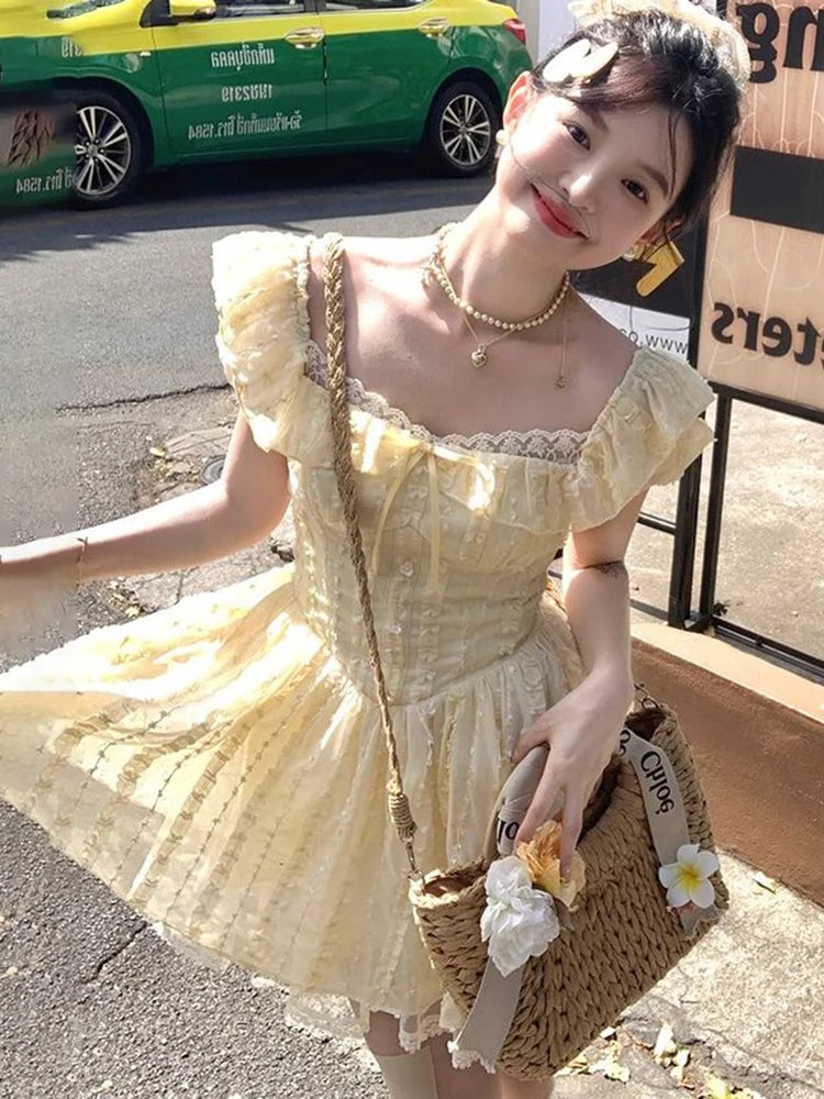 Sweet Sexy Slim Yellow Dress Women Fashion Lace Patchwork Cute Mini Dress Chic Square Collar Puffy Sleeve Elegant Vestidos voguable