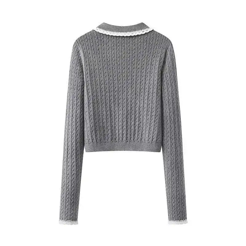 Fashion Top Women New Peter Pan Collar Lace Edge Slim Single Breasted Knitted Cardigan Female 2025 Spring Summer voguable