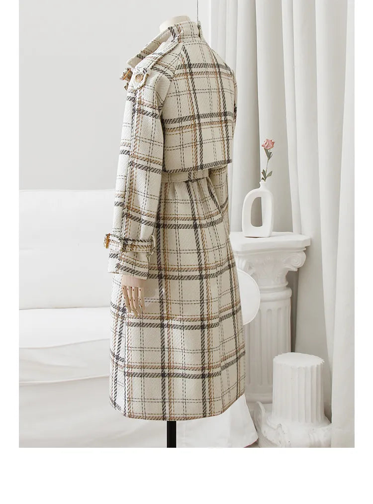 Autumn Winter Long Loose Warm Plaid Wool Blends Trench Coat for Women Raglan Sleeve Belt Double Breasted Woolen Overcoat voguable