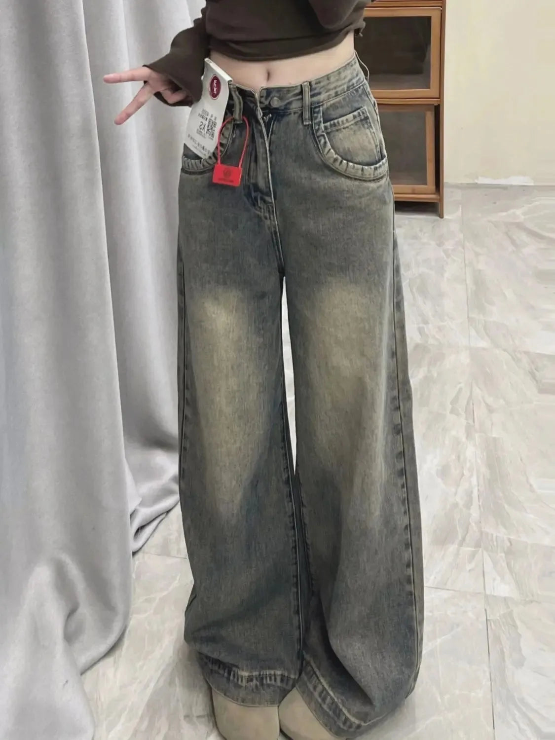 Vintage Distressed Wide-leg Jeans Women's Spring Summer New Loose-fit Slimming Draped Versatile Trailing Straight-leg Trousers voguable