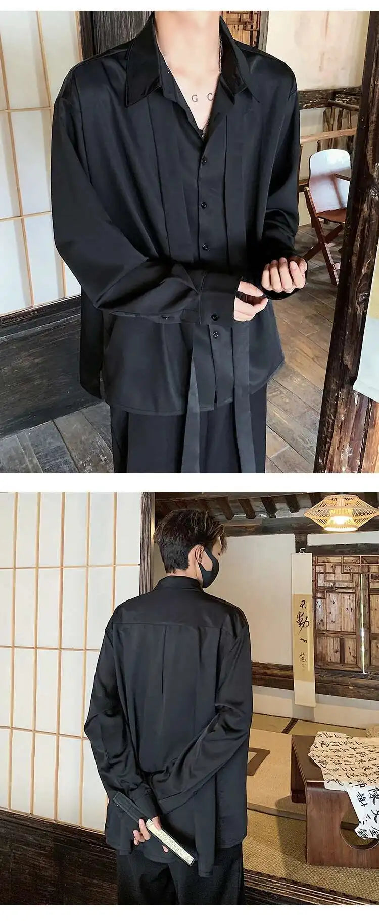 Korean Style Men's Shirts Turn-down Collar Detachable Tie Lace-up Design Single Breasted Casual Solid Color Male Tops 9W180 voguable