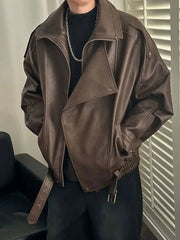 American Spring Autumn Retro PU Jacket Stand Collar Cargo Motorcycle Leather Coat Men Women Trend Casual PU Leather Jacket Urban voguable