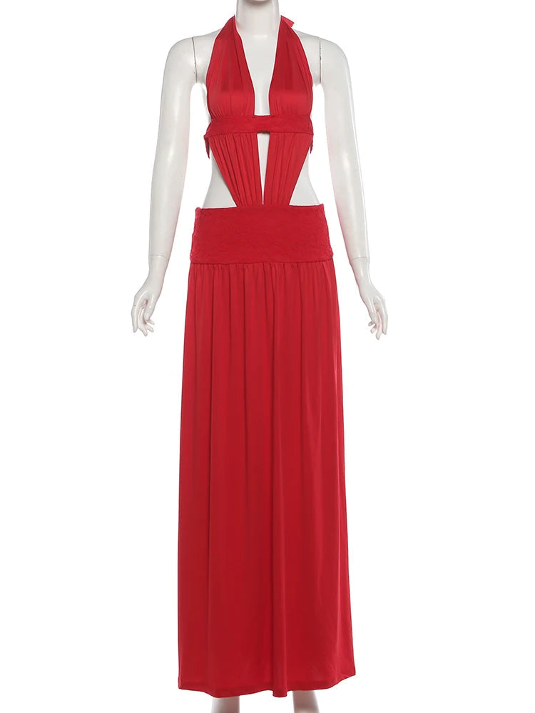 Voguable  Elegant Birthday Party Dress Women Sexy Classic Backless Halter Ruched Bandages Deep V-Neck Sleeveless Club Bodycon voguable