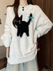 Cute Cartoon Bow Sweaters Women Loose Vintage Long Sleeve Kawaii Knitted Jumper Japan Casual Preppy Style Retro Pullovers voguable