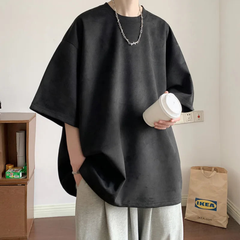 Summer Short Sleeved T-shirt Men Fashion Solid Color Round Neck T Shirt Men Streetwear Loose Suede Tshirt Mens Top M-3XL voguable