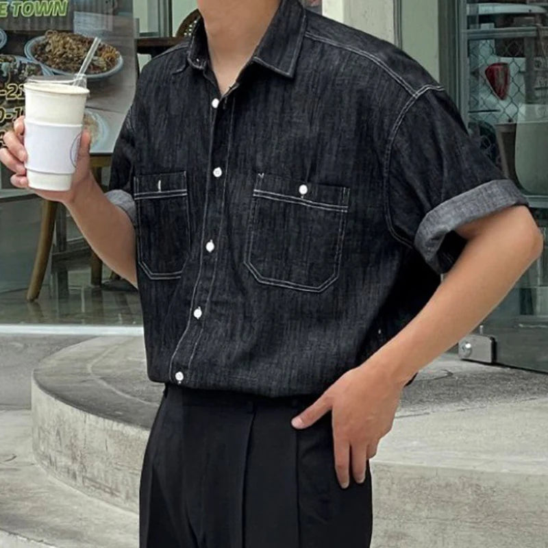 Voguable Men's Denim Shirt 2024 Summer New Loose Trend Versatile Lapel Short Sleeve Design Single Breasted Double Pockets Top voguable