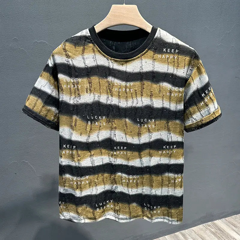 Voguable  Summer New Style Personalized Striped Frayed Sequins Trendy Brand T-shirt Loose Casual Versatile Round Neck Men's Short Sleeves voguable