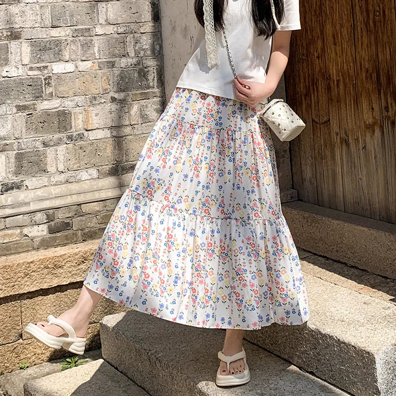 Voguable  Summer Korean Style A-line Floral Skirt Woman All Match Elastic High Waist Midi Skirt for Women Sweet Print Patchwork Cake Skirt voguable