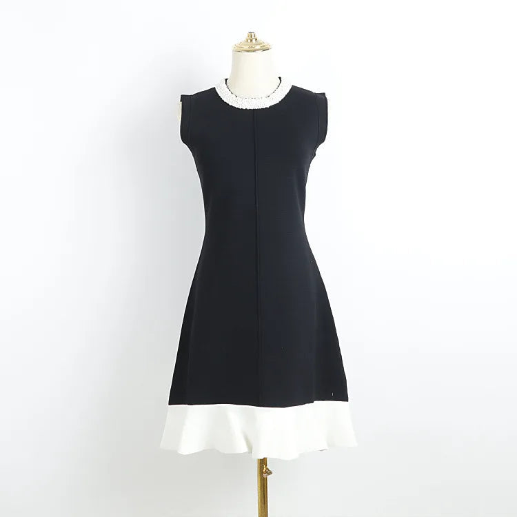 Pearl Beading Elegant Short Dress Fashion Black White Patchwork Knitting Summer Dress 2025 Sleeveless Ruffle Chic New Dress Lady voguable