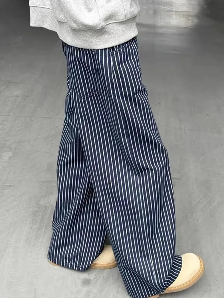 Vintage Blue Striped Jeans Women Casual High Waist Loose American Denim Pants Harajuku Streetwear Bf Hip Hop Wide Leg Pants voguable