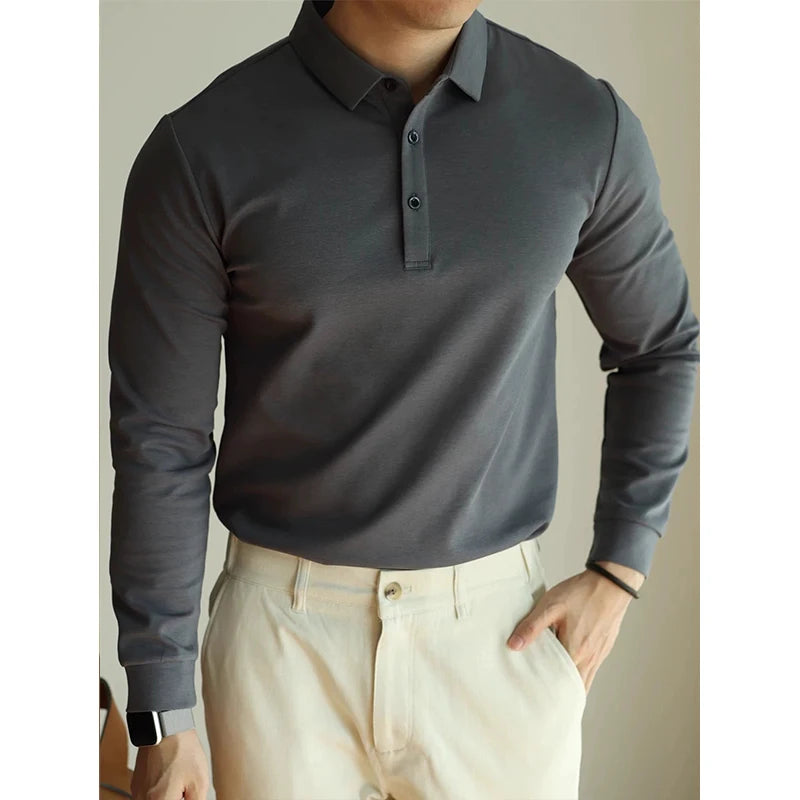 New American Retro Men Polo Shirt Light Luxury Solid Color Slim-fit Commuting Long Sleeve T-shirt Leisure Business Pullover Tops voguable