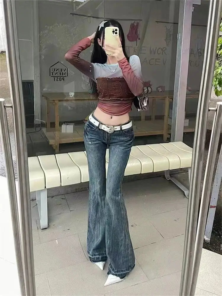 American High Street Spicy Girls Low Waist Jeans Women Autumn Vintage Y2k Design Sense Slim Fit Straight Tube Micro Flare Pants voguable