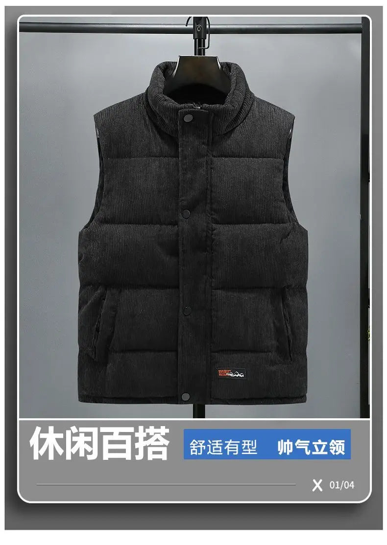 Vests Jacket Men Autumn Winter Stand Collar Warm Sleeveless Leisure Down Cotton-Padded Vest Coat Thickened Corduroy Warm Coat voguable