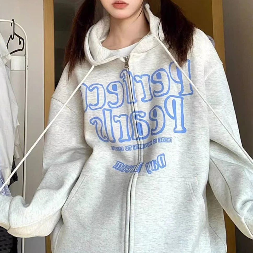 Voguable American Vintage Hip Hop Graphic Simple Gray Hoodies Jackets Autumn Winter Zip Up Sweatshirt Men Women Loose Oversized Harajuku voguable