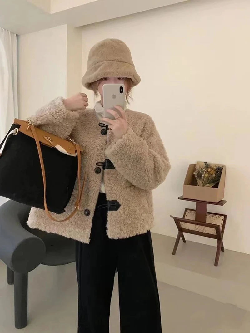 Korean Winter Faux Lamb Coat Women Slim Long Sleeve Warm Sweet Jacket Preppy Style Casual O Neck Female Cute Solid Tops New voguable
