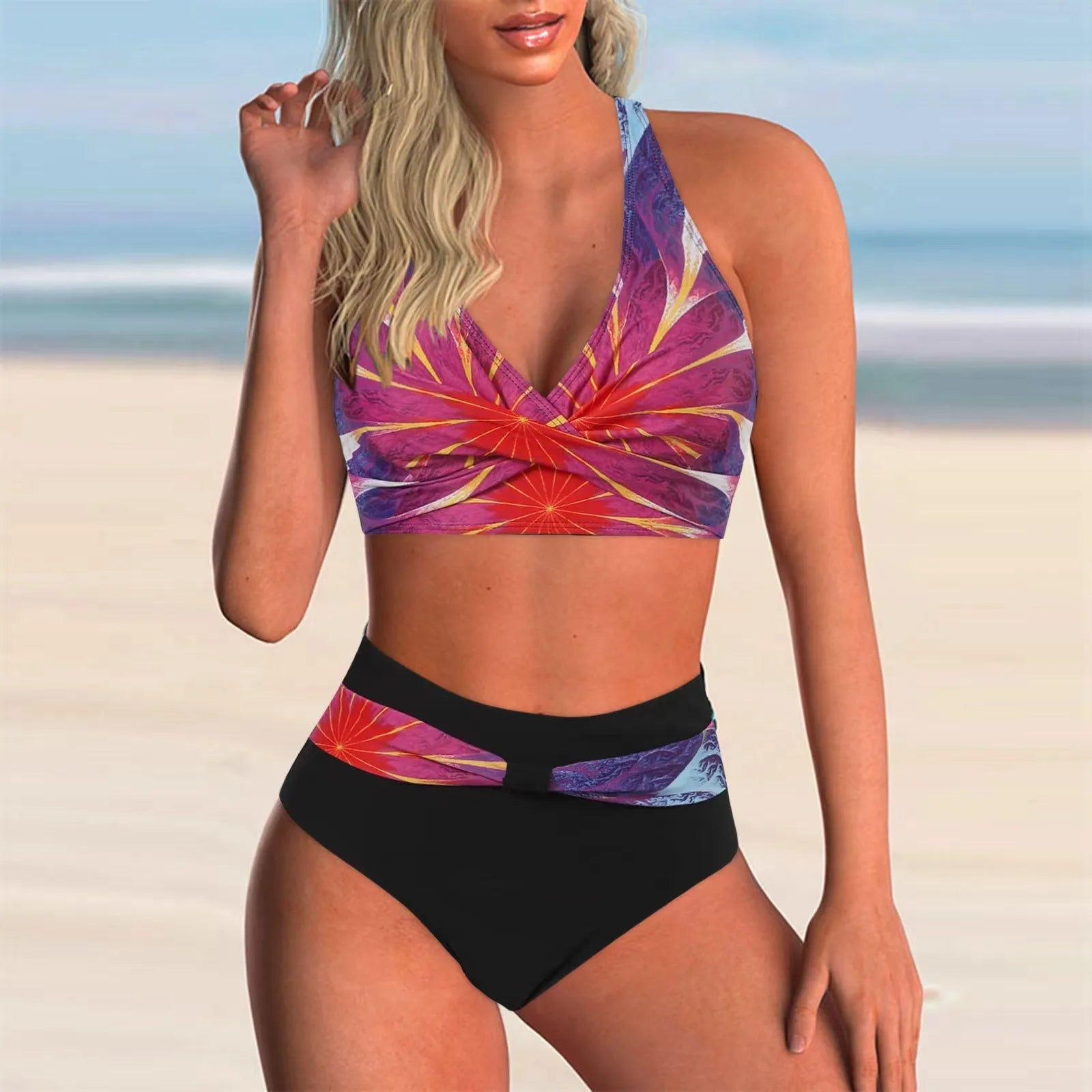 Voguable  Sexy Lace Up V Neck Bikinis Women Split Swimsuit High Waist Beach Bikini New All Season Backless Bikinis 2 Piece Set voguable