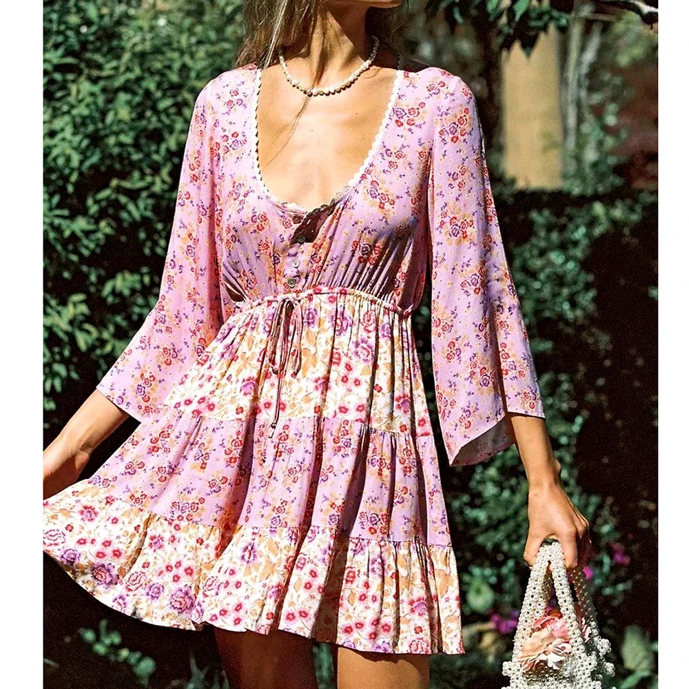 Voguable Floral Vintage Mini Dress Pink Holiday Boho Women Dress  Flare Sleeve Summer Holiday Ladies Female Sexy Dresses voguable