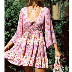 Voguable Floral Vintage Mini Dress Pink Holiday Boho Women Dress  Flare Sleeve Summer Holiday Ladies Female Sexy Dresses voguable