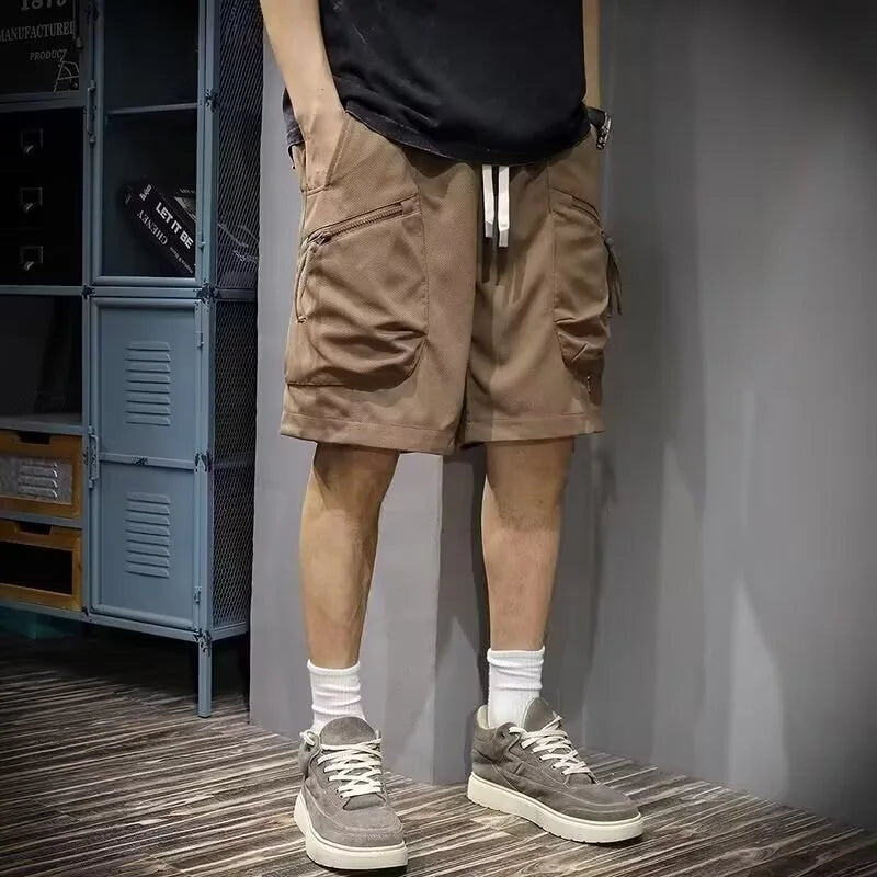 Men Fashion Summer Cargo Shorts Multiple Pockets Zipper Knee Pants Loose Basketball Running Sport Solid Casual All-match Shorts voguable