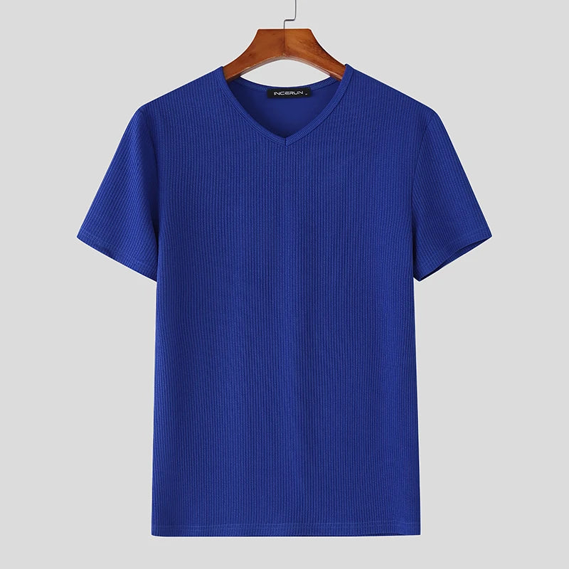 2025 Men's T Shirt Solid V Neck Short Sleeve Summer Streetwear Casual Male Tee Tops Korean Style Fashion Men Clothing voguable