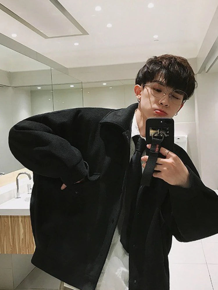 Fleece Sweatshirt Cardigan Boy Winter Button Up Woolen Coat Students Harajuku Style Lapel Woolen Short Thick Winter Top