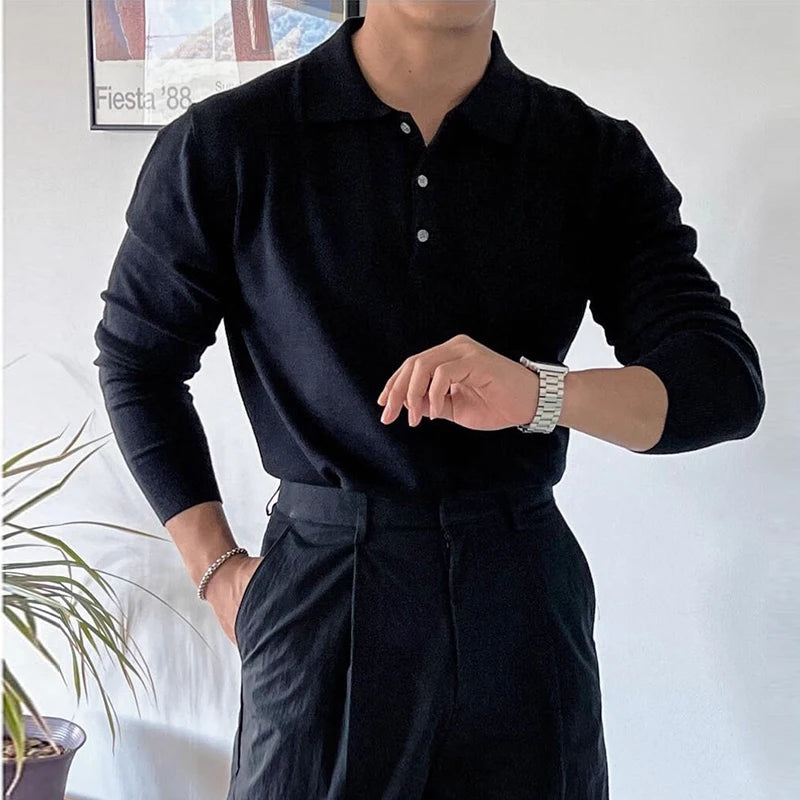 New Korean Fashion Men Polo Sweater Light Luxury Knitted Solid Color Long Sleeve Pullover Premium Quality Skin-friendly Knitwear voguable