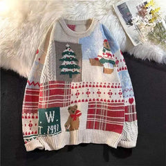 New Year warm pullovers round neck sweater women street stitching Christmas tree jacquard sweater ins couple loose in winter voguable