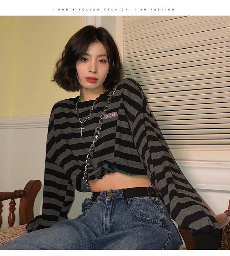 Voguable Sexy Cropped Y2K Striped Sweatshirts Women Harajuku Gothic Tops Vintage Streetwear Casual Bf Oversize Long Sleeve Pullover voguable