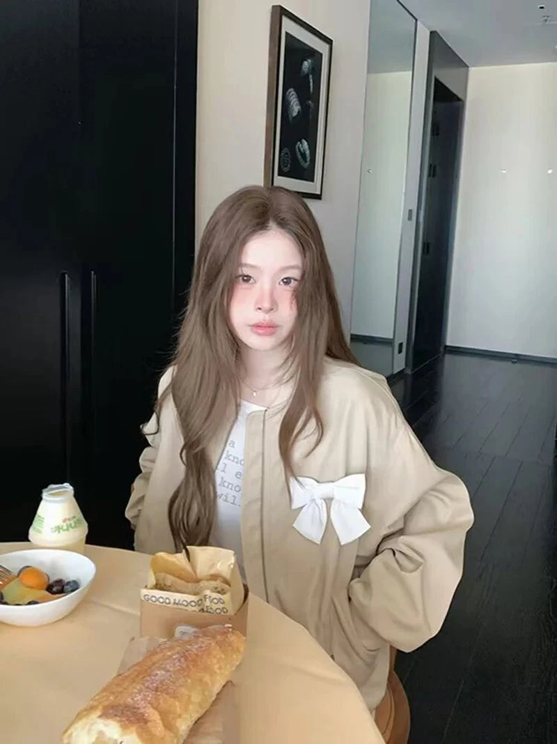 Sweet Bow Korean Jacket Women Fall Preppy Style Cute Long Sleeve Coat Vintage Casual O Neck Loose Female Pockets Tops New voguable