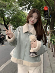 Faux Suede Lamb Jackets Women Winter Warm Thick Sweet Cute Short Coat Korean Vintage Loose Long Sleeve Preppy Style Tops voguable