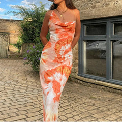 Voguable  European and American summer hit  tie-dye print sexy back -strap mid-long suspender dress voguable