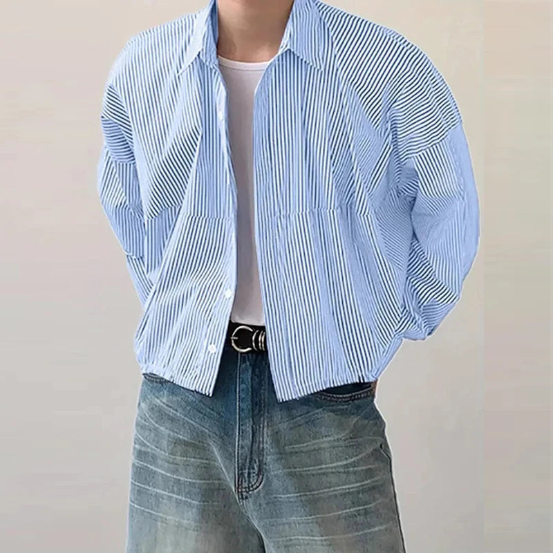 New Japanese Trendy Men Shirts Light Luxury Textured Lapel Striped Long Sleeve Cardigan Tops Leisure Premium Loose Blouse M-2XL voguable