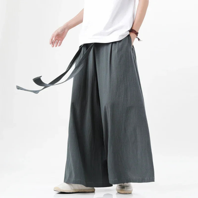 Tang Cotton Linen Trousers Men's Day Kimono Trousers Street Retro Wide Leg Comfortable Kung Fu Martial Arts Trousers
