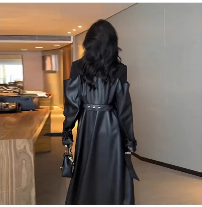 Autumn Long Black Patchwork Pu Leather Trench Coat for Women Double Breasted Loose Stylish Luxury Designer Clothing