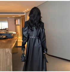 Autumn Long Black Patchwork Pu Leather Trench Coat for Women Double Breasted Loose Stylish Luxury Designer Clothing